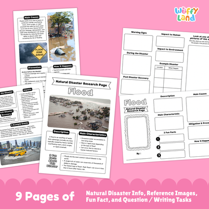 Educational flood research project printable for kids, featuring a main research page with photo of flooded homes, sections for description, main characteristics, and fun facts, plus additional worksheets with diagrams, writing prompts, causes, prevention tips, impacts, and real-life flood images.