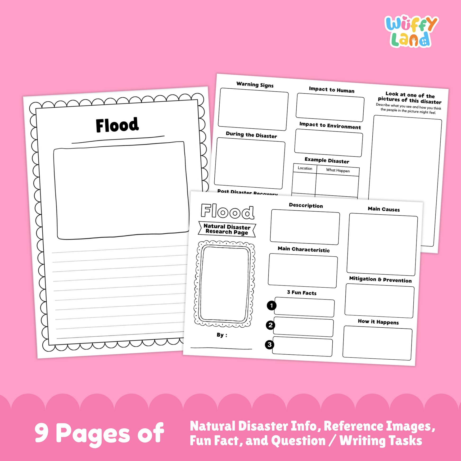 Educational flood research project printable for kids, featuring a main research page with photo of flooded homes, sections for description, main characteristics, and fun facts, plus additional worksheets with diagrams, writing prompts, causes, prevention tips, impacts, and real-life flood images.
