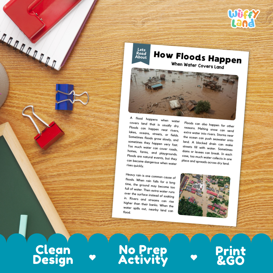 Printable student worksheet with short-answer reading comprehension questions covering flood science and weather safety