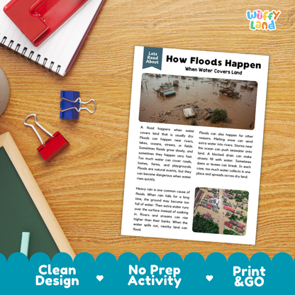 Printable student worksheet with short-answer reading comprehension questions covering flood science and weather safety