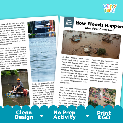 Complete teacher answer key worksheet providing detailed model responses for flood comprehension questions