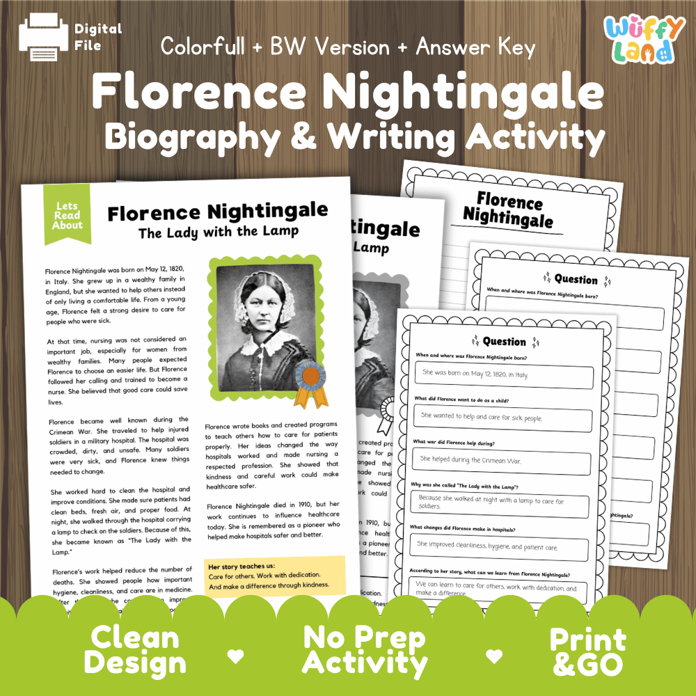 Digital printable activity sheet set for 'Florence Nightingale Biography & Writing Activity' by Uffy Land, featuring a colorful and black-and-white version with an answer key, displayed on a wooden background.