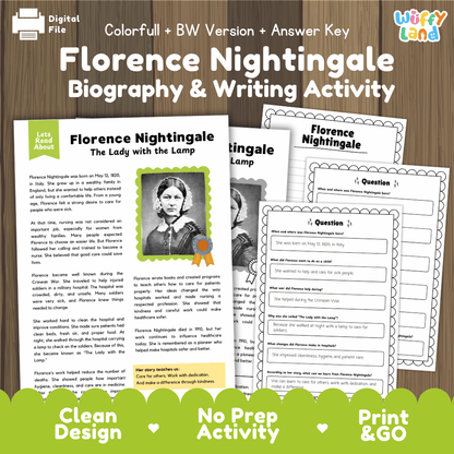 Digital printable activity sheet set for 'Florence Nightingale Biography & Writing Activity' by Uffy Land, featuring a colorful and black-and-white version with an answer key, displayed on a wooden background.