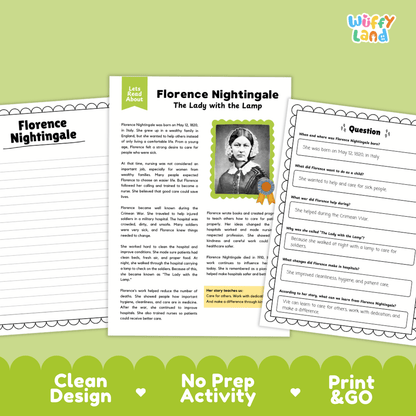 Educational activity sheet set for 'Florence Nightingale: The Lady with the Lamp' by Wiffy Land, featuring a main text page with a portrait, a worksheet on the left, and a question sheet on the right, displayed on a light green background with promotional text.