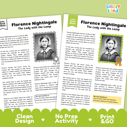Two printed educational activity sheets for teaching the story 'Florence Nightingale: The Lady with the Lamp' from 'The Lady with the Lamp', displayed on a green background with 'Wuffly Land' branding.