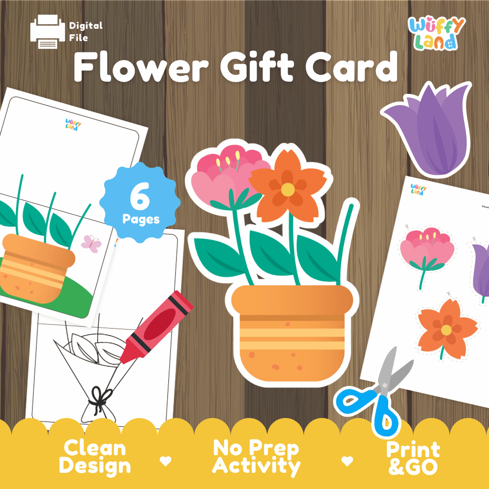 Flower gift card printable potted plant bouquet craft activity pack overview from Wuffy Land featuring 6 pages 🌸🪴