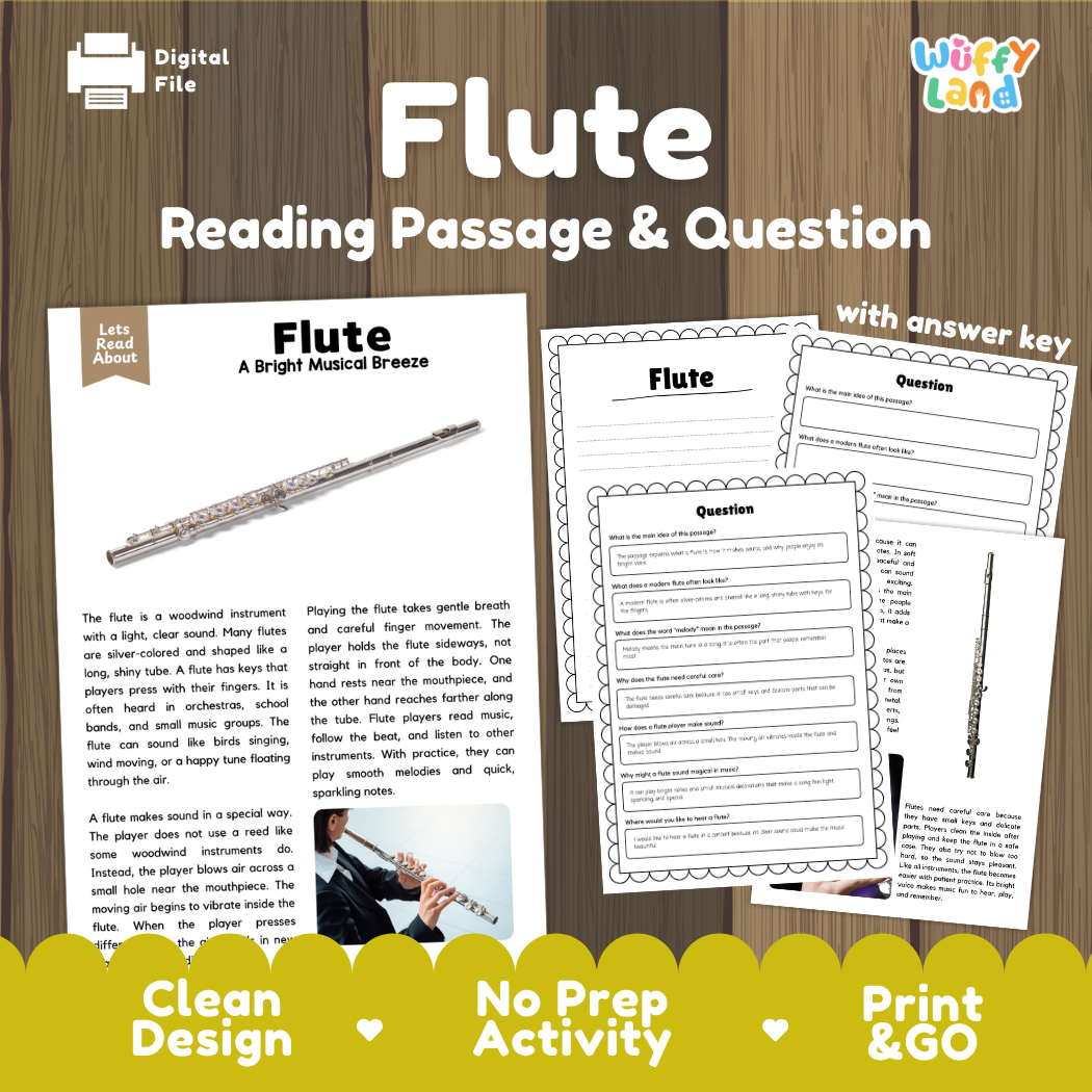 Flute reading comprehension passage and questions printable activity pack with answer key for elementary students