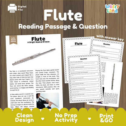 Flute reading comprehension passage and questions printable activity pack with answer key for elementary students