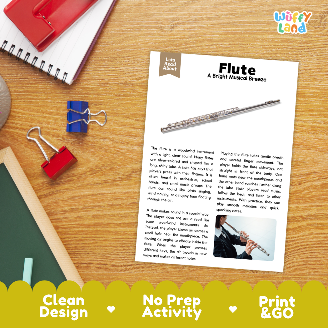 Student reading comprehension worksheet with short-answer questions and lined sections about the flute