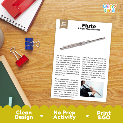 Student reading comprehension worksheet with short-answer questions and lined sections about the flute