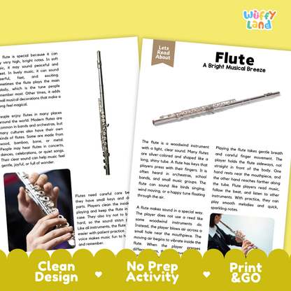 Teacher answer key page showing complete question solutions for Flute music education reading comprehension practice