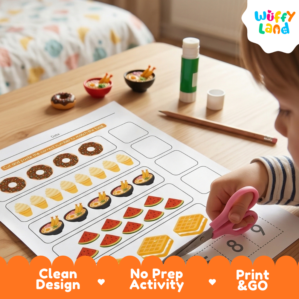 Full color preschool math worksheet counting 1 to 5 with watermelon slices chicken legs donuts ice cream and spaghetti