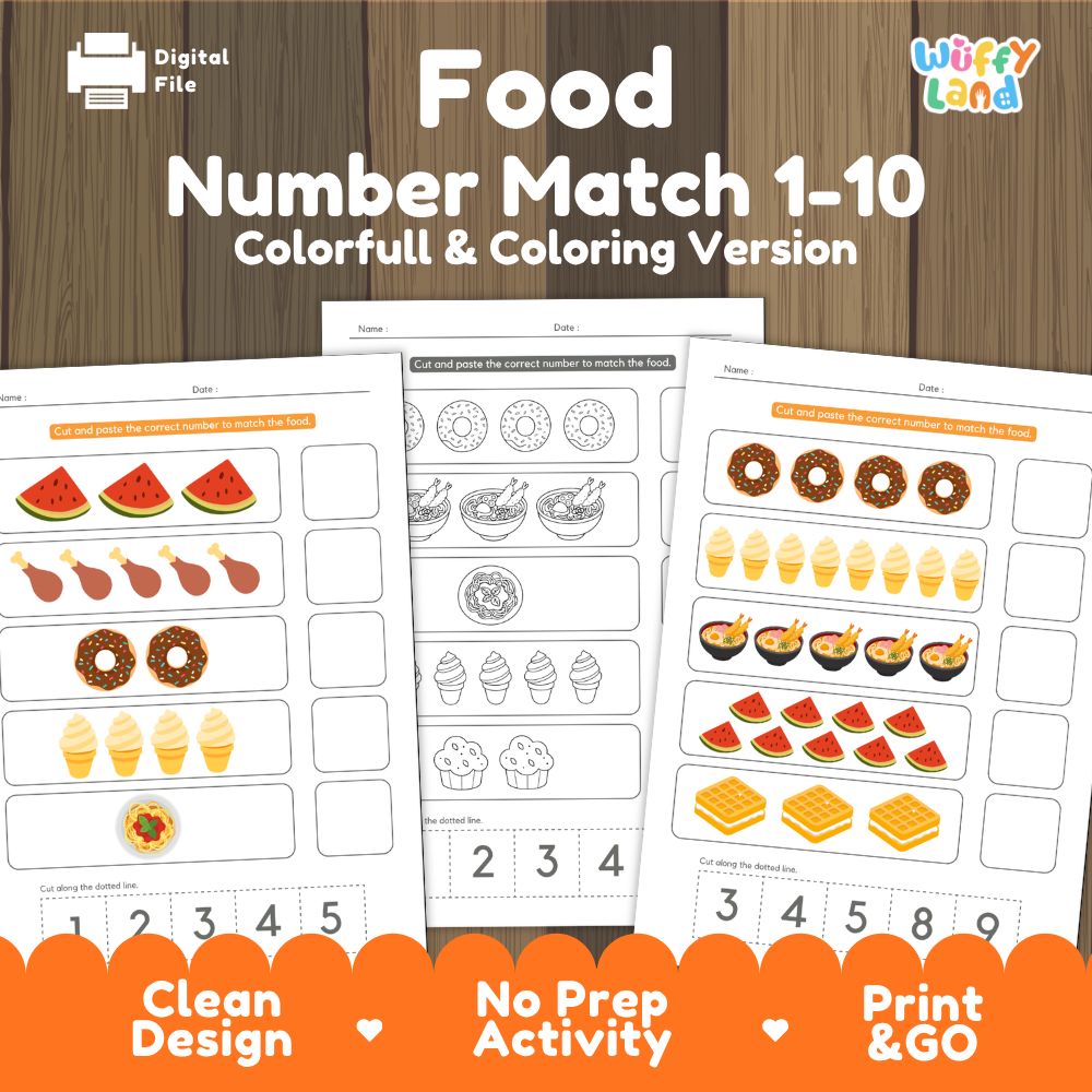Food number match 1 to 10 cover showing full color and coloring version cut and paste math worksheets with watermelon donuts and noodles