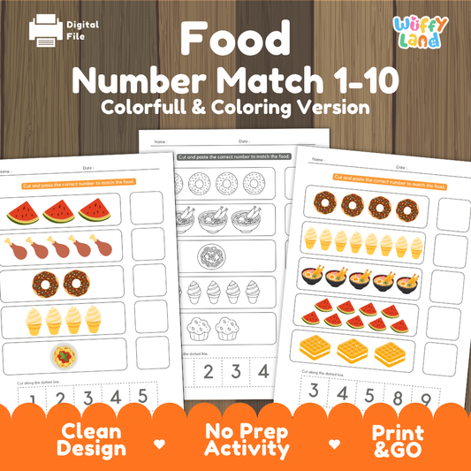 Food number match 1 to 10 cover showing full color and coloring version cut and paste math worksheets with watermelon donuts and noodles