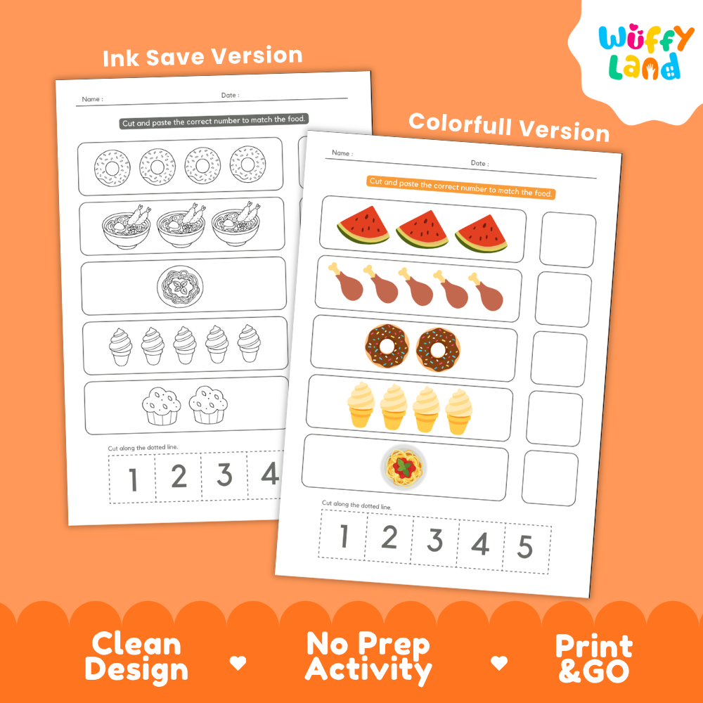 Black and white printable food number match coloring page featuring donuts ramen spaghetti ice cream and cupcakes with cut-and-paste numbers