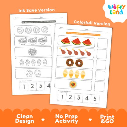 Black and white printable food number match coloring page featuring donuts ramen spaghetti ice cream and cupcakes with cut-and-paste numbers