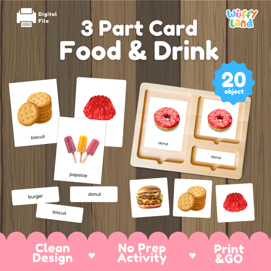 Food and drink 3 part cards Montessori printable featuring 20 foods with realistic pictures, word labels and matching cards
