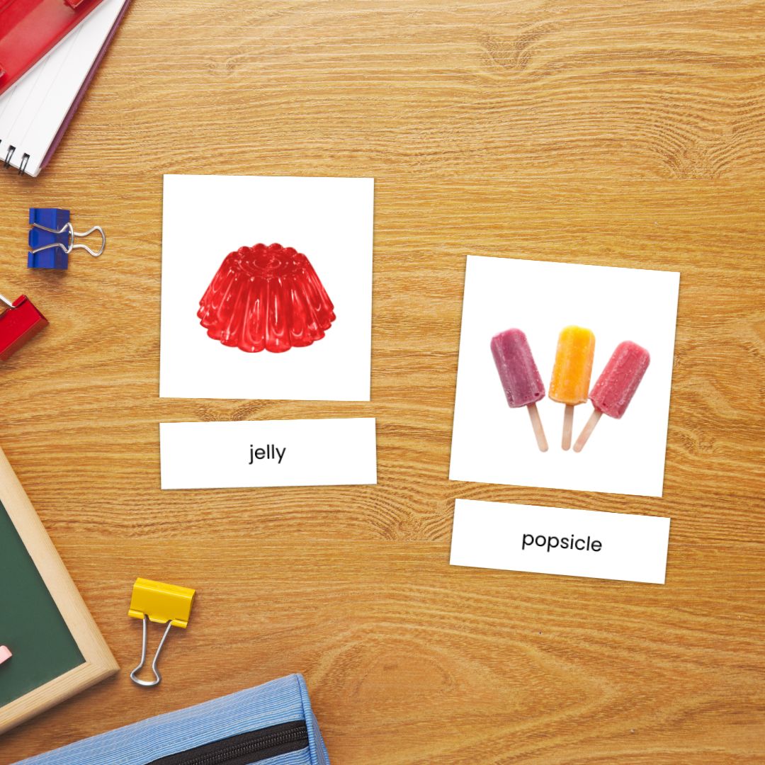 Food and drink matching cards with realistic pictures and separate word labels for preschool vocabulary and recognition activities