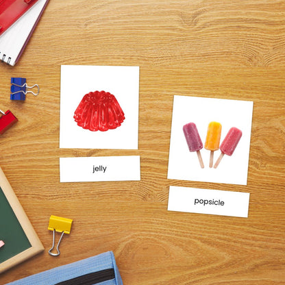 Food and drink matching cards with realistic pictures and separate word labels for preschool vocabulary and recognition activities