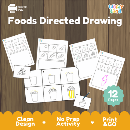 Foods directed drawing printable step by step art activity pack overview from Wuffy Land featuring 12 pages 🍕🍿