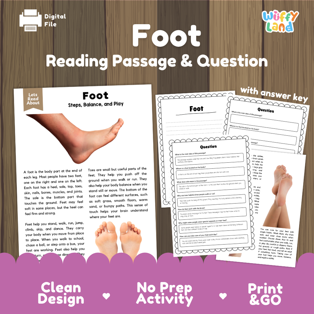 Foot reading comprehension passage and questions printable activity pack with answer key for elementary students