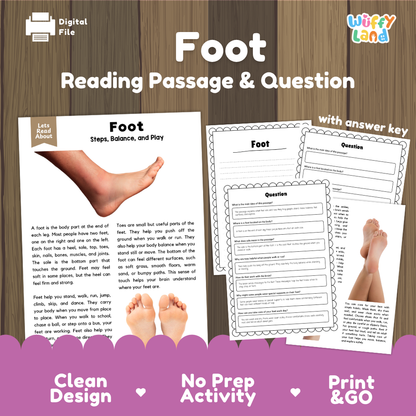 Foot reading comprehension passage and questions printable activity pack with answer key for elementary students