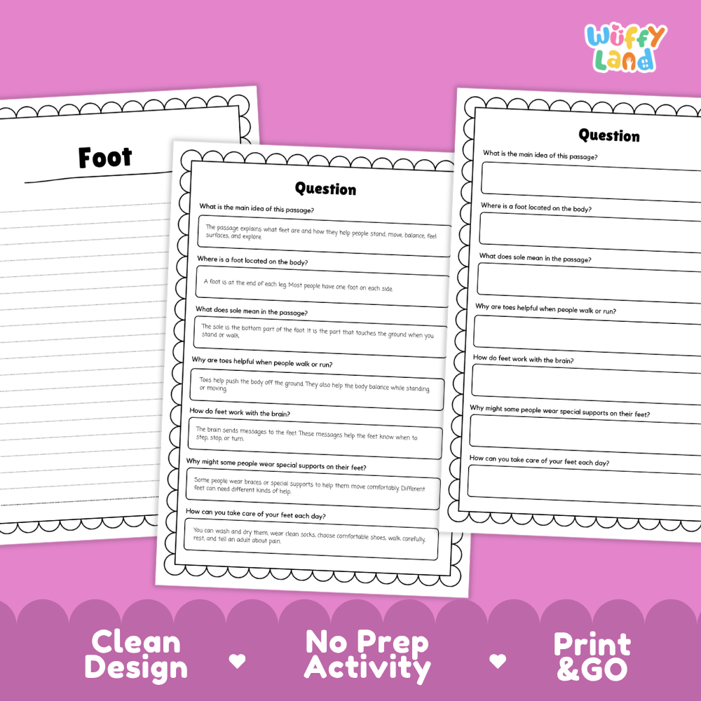 Informational reading passage page detailing the human foot sole toes balance walking and foot care habits with photos