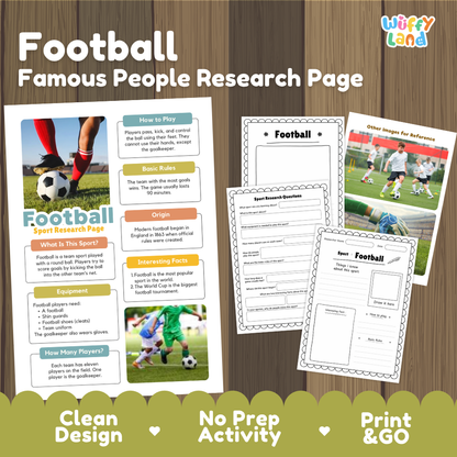 A football-themed educational printable set shown on a wood background, including a main poster titled 'Football Famous People Research Page' and several smaller worksheet pages. The design features photos of soccer players, colorful headers, and text blocks.