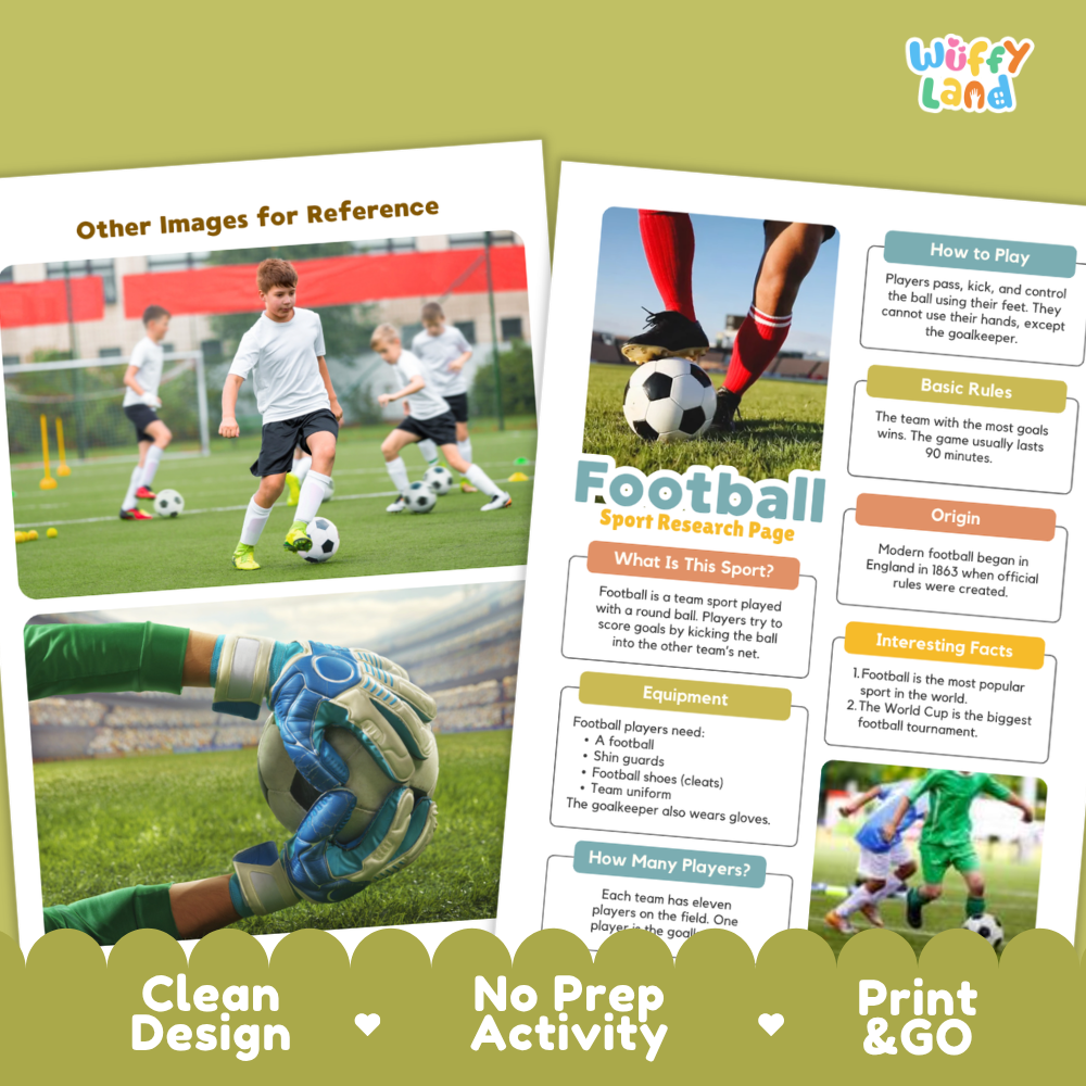 A football-themed educational poster or activity sheet shown on a light olive background, with two overlapping printed pages featuring soccer photos, text boxes, and decorative banners reading 'Clean Design,' 'No Prep Activity,' and 'Print & GO.'.