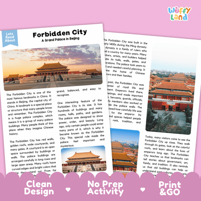 Forbidden City Landmark Reading Passages and Comprehension Worksheets