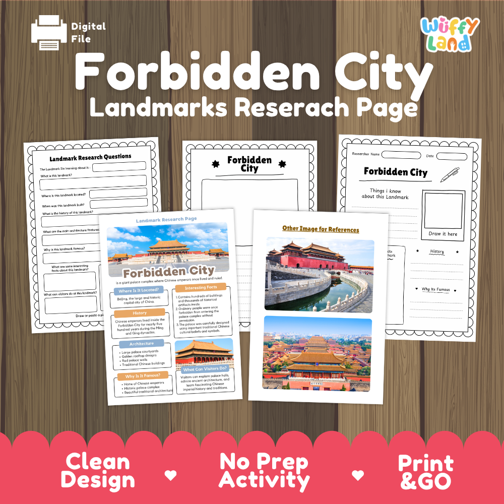 Digital product preview for a 'Forbidden City Landmarks Research Page' activity sheet set by Wiffy Land, displayed on a dark wood background with pink promotional banners at the bottom.