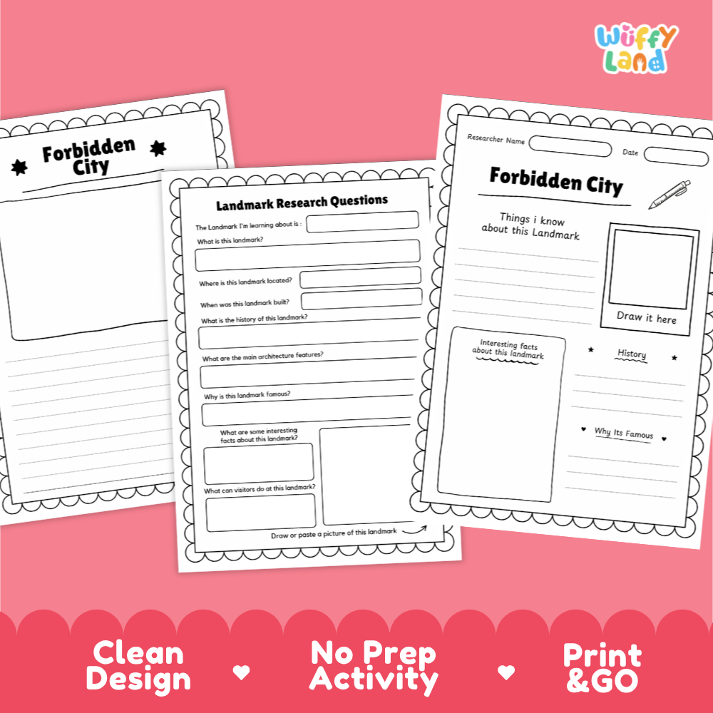Three printable worksheet pages for a 'Forbidden City' landmark research activity, displayed on a pink background with 'Wiffy Land' branding and feature callouts at the bottom.