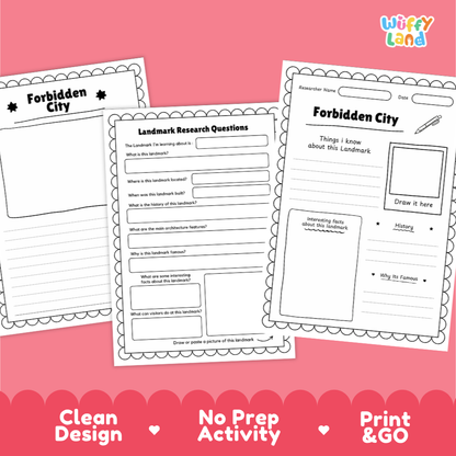 Three printable worksheet pages for a 'Forbidden City' landmark research activity, displayed on a pink background with 'Wiffy Land' branding and feature callouts at the bottom.