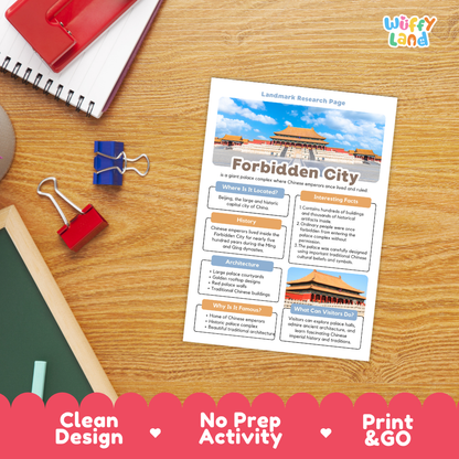 A printed educational activity sheet titled 'Forbidden City' with a landscape research page layout, shown on a wooden desk with notebooks, binder clips, and a green chalkboard. A pink banner at the bottom reads 'Clean Design', 'No Prep Activity', and 'Print & GO'.