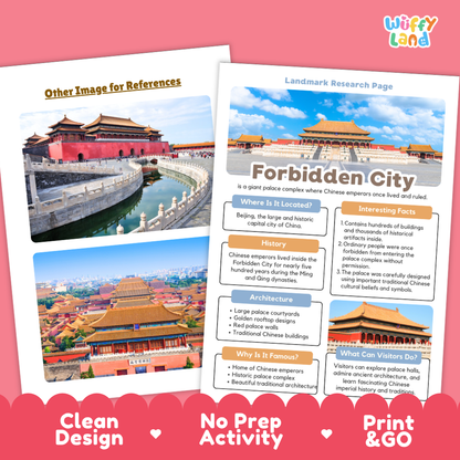 A printed educational poster about the Forbidden City in Beijing, shown overlapping another poster with a palace photo. The poster includes a title, location, history, architecture, and visitor tips, with a pink branded header reading 'Wiffy Land.