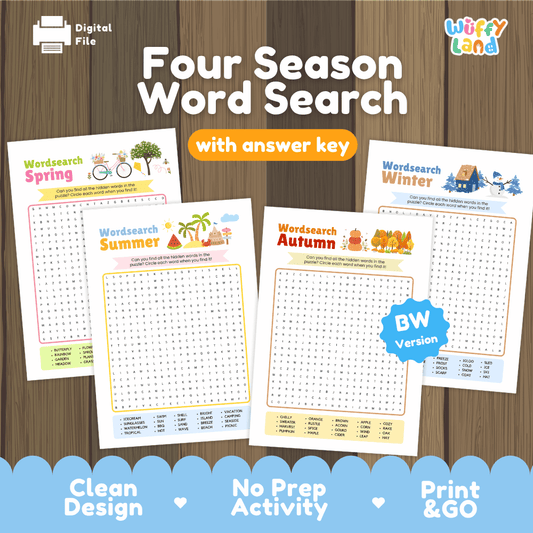 Four season word search printable seasonal vocabulary puzzle activity pack overview from Wuffy Land featuring Spring Summer Autumn and Winter sheets with answer key 🌸❄️