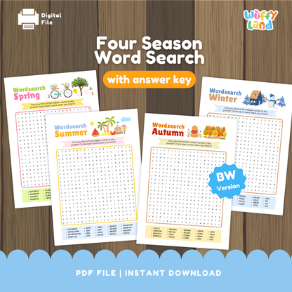 Set of printable word-search puzzles for the four seasons. Pages labeled Spring, Summer, Autumn, and Winter each feature a themed word grid with seasonal word lists at the bottom. A banner reads with answer key. Designed for classroom or homeschool literacy practice.