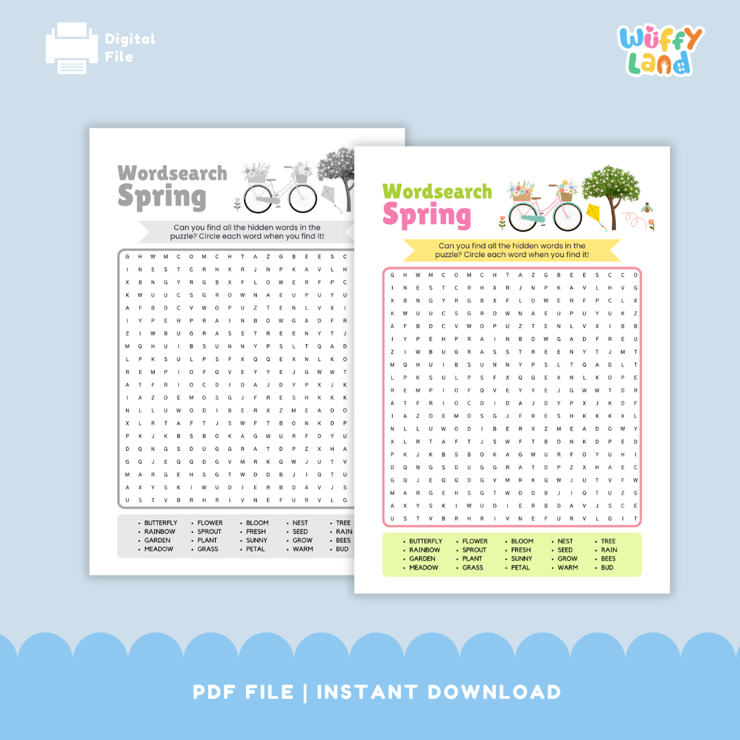 Set of printable word-search puzzles for the four seasons. Pages labeled Spring, Summer, Autumn, and Winter each feature a themed word grid with seasonal word lists at the bottom. A banner reads with answer key. Designed for classroom or homeschool literacy practice.