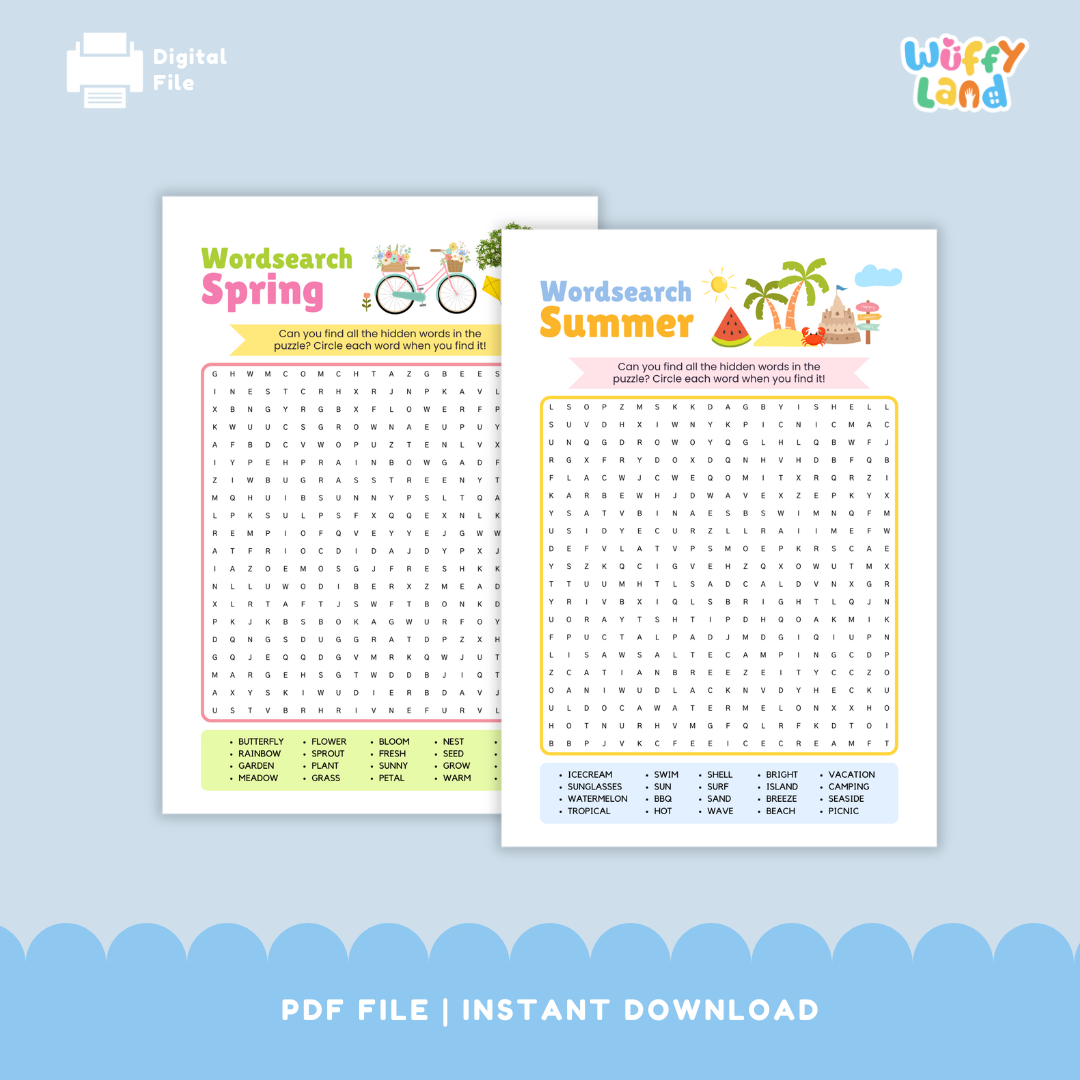Set of printable word-search puzzles for the four seasons. Pages labeled Spring, Summer, Autumn, and Winter each feature a themed word grid with seasonal word lists at the bottom. A banner reads with answer key. Designed for classroom or homeschool literacy practice.