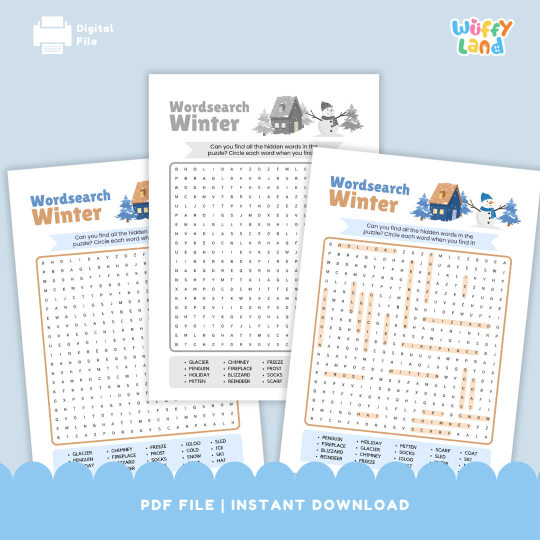 Set of printable word-search puzzles for the four seasons. Pages labeled Spring, Summer, Autumn, and Winter each feature a themed word grid with seasonal word lists at the bottom. A banner reads with answer key. Designed for classroom or homeschool literacy practice.