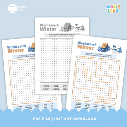 Set of printable word-search puzzles for the four seasons. Pages labeled Spring, Summer, Autumn, and Winter each feature a themed word grid with seasonal word lists at the bottom. A banner reads with answer key. Designed for classroom or homeschool literacy practice.