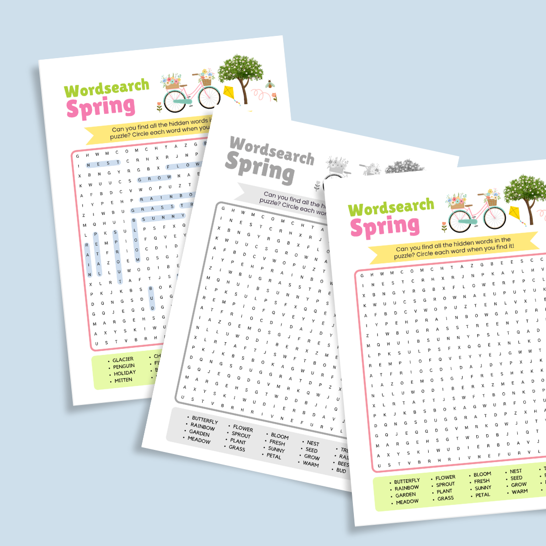 Set of printable word-search puzzles for the four seasons. Pages labeled Spring, Summer, Autumn, and Winter each feature a themed word grid with seasonal word lists at the bottom. A banner reads with answer key. Designed for classroom or homeschool literacy practice.