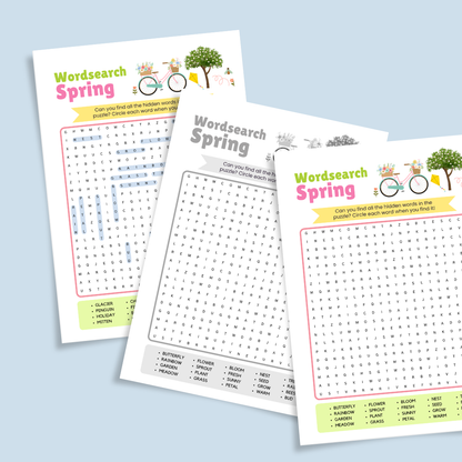 Set of printable word-search puzzles for the four seasons. Pages labeled Spring, Summer, Autumn, and Winter each feature a themed word grid with seasonal word lists at the bottom. A banner reads with answer key. Designed for classroom or homeschool literacy practice.