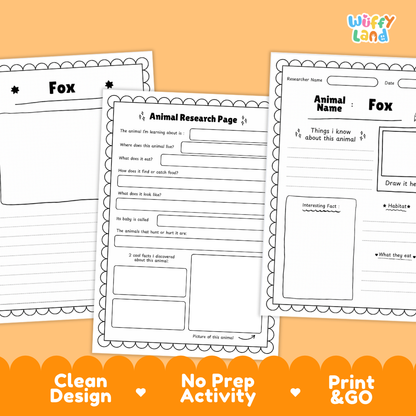 Fox Animal Research Project Worksheets and Fact Sheet