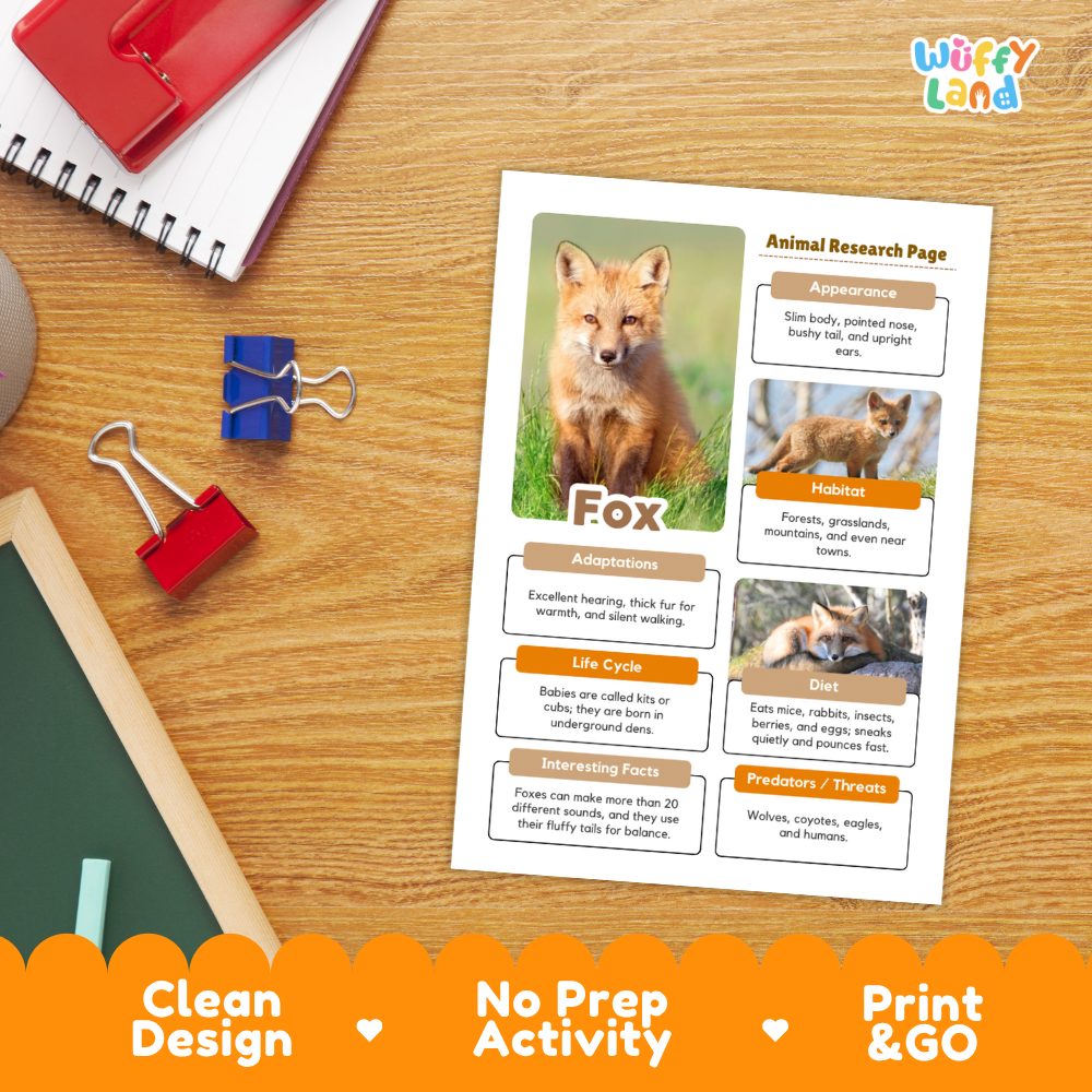 Fox Animal Research Project Worksheets and Fact Sheet