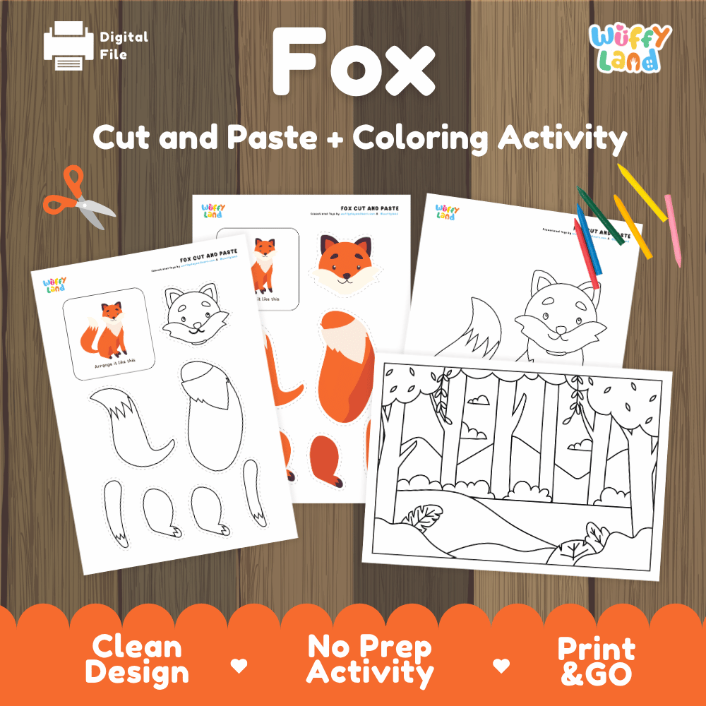 Fox Cut and Paste Craft and Coloring Activity Worksheets
