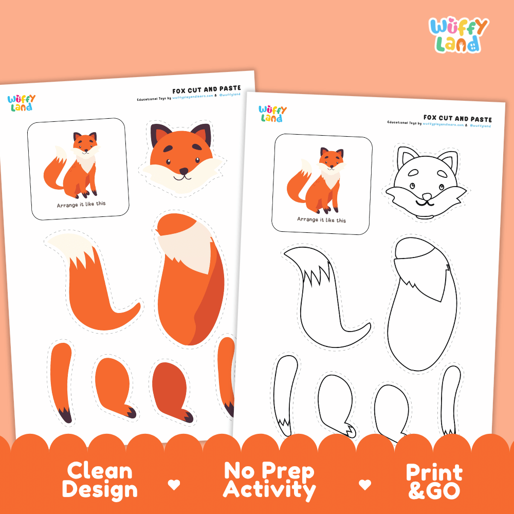Fox Cut and Paste Craft and Coloring Activity Worksheets