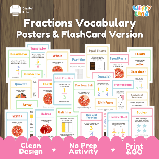Fractions vocabulary posters and flashcards printable bundle overview from Wuffy Land featuring math terms like numerator, denominator, and equal parts 🍕📐