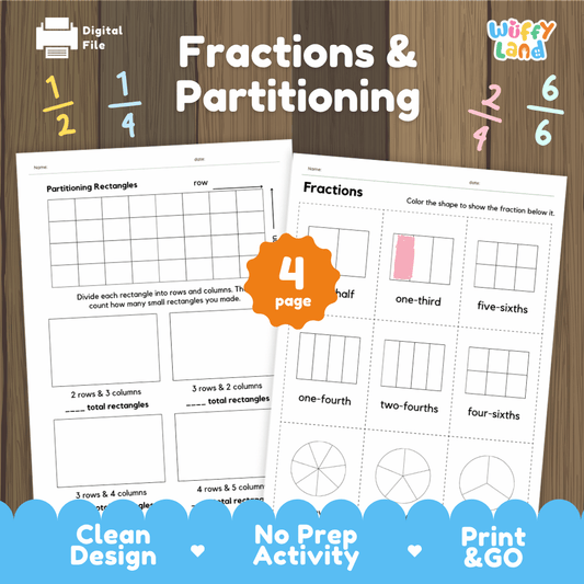 Fractions and partitioning 4-page printable math worksheets overview from Wuffy Land featuring partitioning rectangles and shape fractions coloring sheets 🍕📐