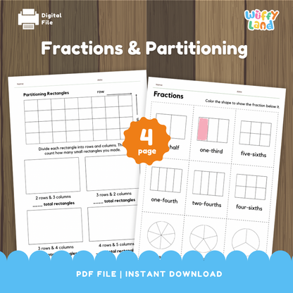 Two printable math worksheets titled “Fractions & Partitioning” displayed on a wood background. The first worksheet, “Partitioning Rectangles,” shows grids and blank boxes for dividing rectangles into rows and columns. The second worksheet, “Fractions,” has shapes for coloring to represent fractions like one-half, one-third, and one-fourth, with one shape partially colored pink.